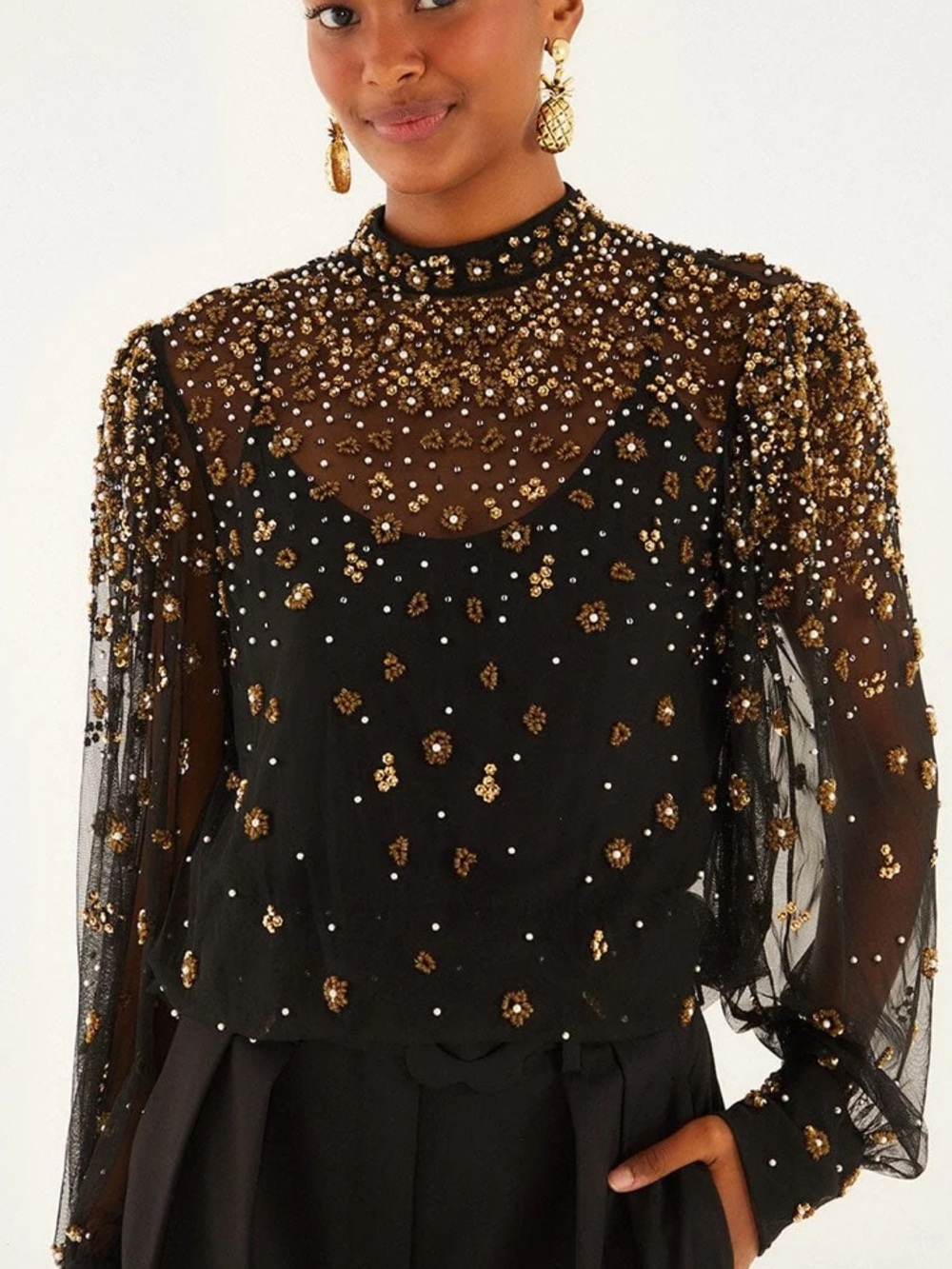 FARM Rio Black Sheer Blouse with Gold Bead Embellishment - Picture 2 of 3